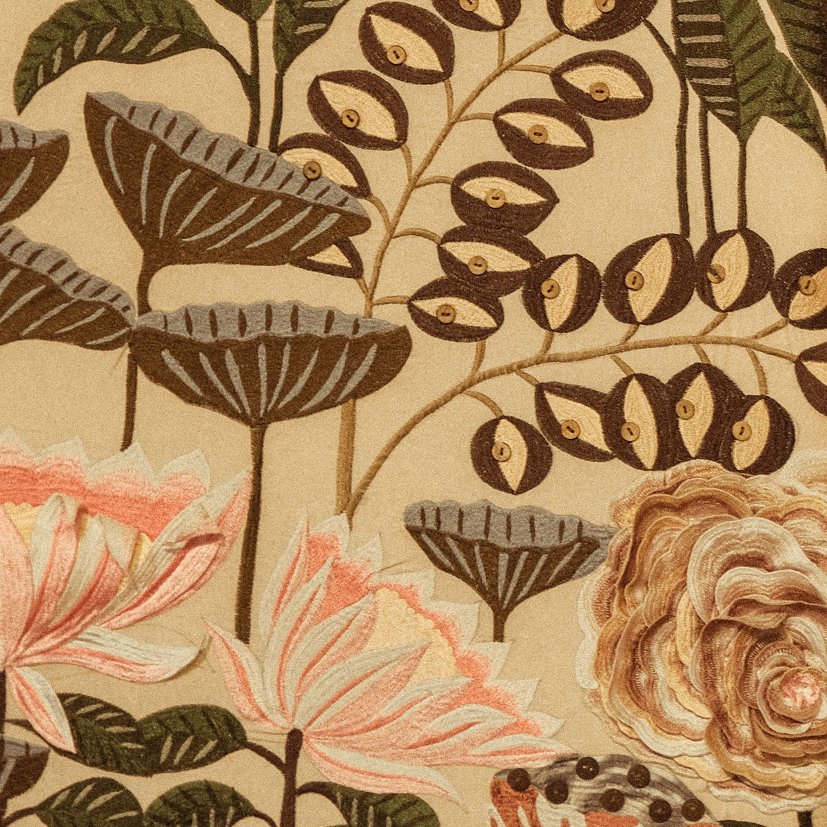 Close-up of an architectural four-panelled, embroidered textile wall installation by Gulzoe, integrated as a continuous surface system.