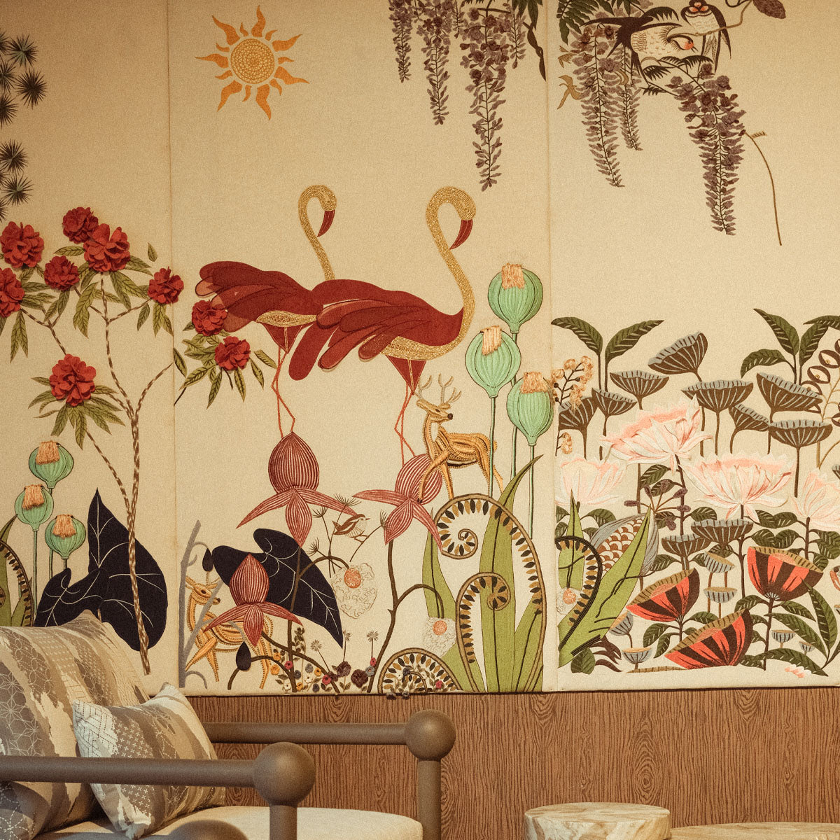 Architectural four-panelled embroidered textile wall installation by Gulzoe, integrated as a continuous surface system.